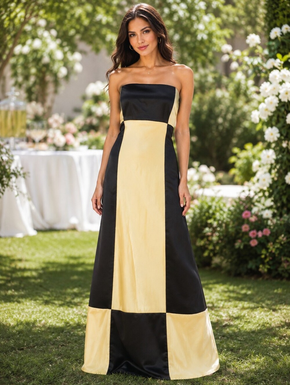 Vintage 90s Jessica McClintock Black & Cream Satin Checkerboard Strapless Gown